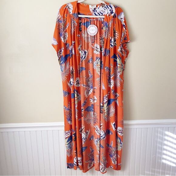 Umgee | Open Front Long Kimono Duster Leaf Print Boho Summer Orange Medium - Picture 2 of 6